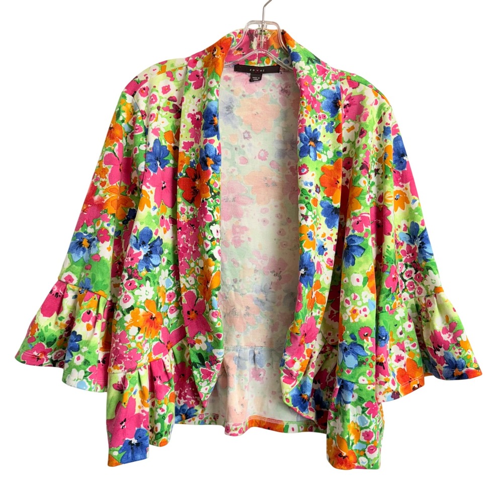 Fever Womens XL Floral Ruffle Open Front Cardigan Jacket Multi Color Knit Top